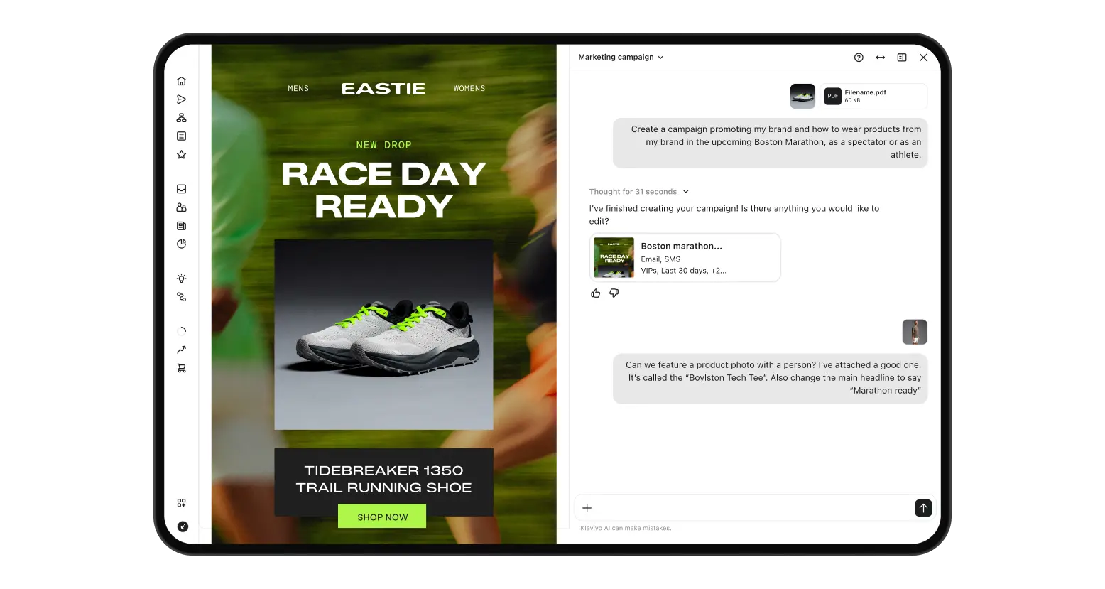 Klaviyo AI Composer interface building an on-brand campaign