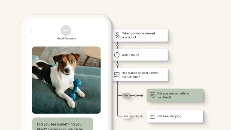 An illustration shows a flow triggered by someone viewing a product. The illustration overlaps with a phone screen displaying the SMS message: "Did you see something you liked? Here are a couple items you've been checking out." with a link.