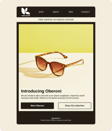 A Klaviyo email template for a new sunglass product announcement with 'more oberoni' and 'shop full collection' buttons