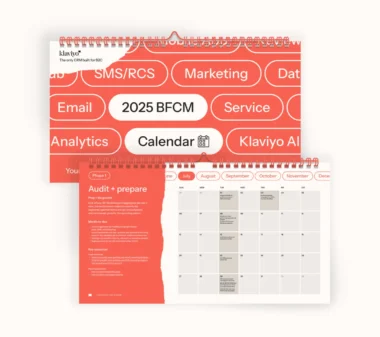 2025 BFCM calendar by Klaviyo, featuring marketing terms and a monthly planner with audit and preparation tips.