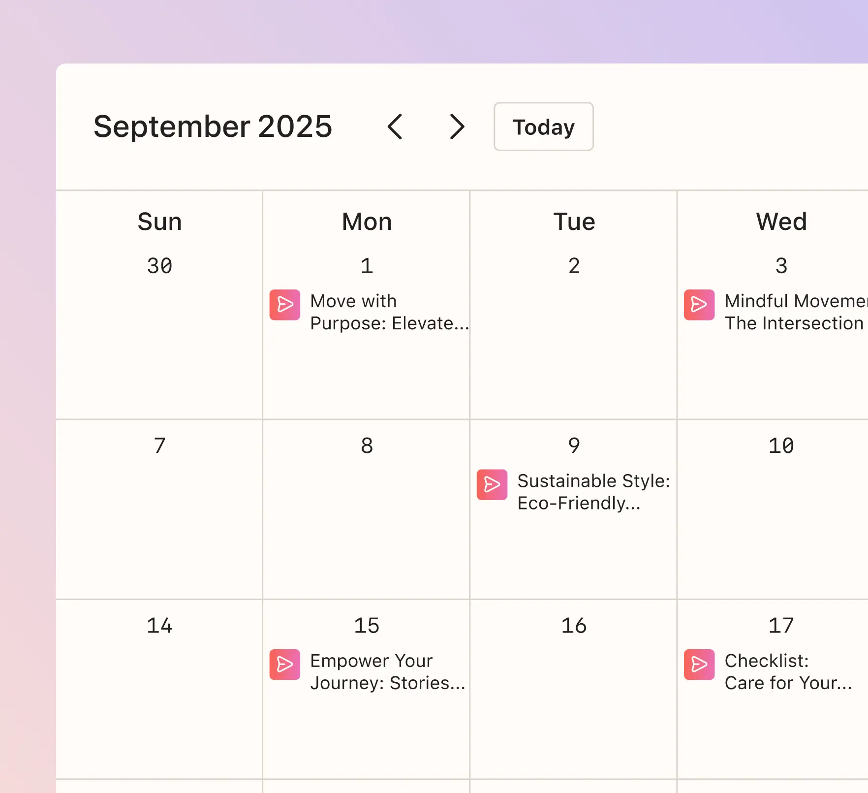 Calendar for September 2025 with events listed on specific dates, including "Move with Purpose" on the 1st and "Sustainable Style" on the 9th.