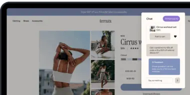 Online shopping page for "Cirrus workout set" priced at $95, with chat support from Klaviyo AI.