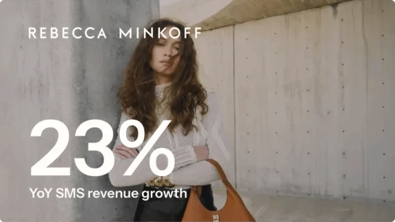 Woman with long hair in a white top, holding a brown handbag, stands against a concrete wall. Text: "Rebecca Minkoff, 23% YoY SMS revenue growth.