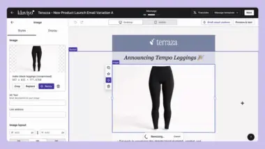 Klaviyo email editor showing a product launch for "Tempo Leggings" by Terraza, featuring black leggings.