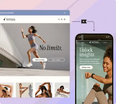 Website and mobile app for "terraza" showcasing athletic wear. A woman runs on the website, and another smiles on the app.