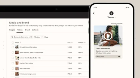 Tablet and smartphone screens display media management and a video ad for "Cirrus Workout Set" with a "Shop now" button.