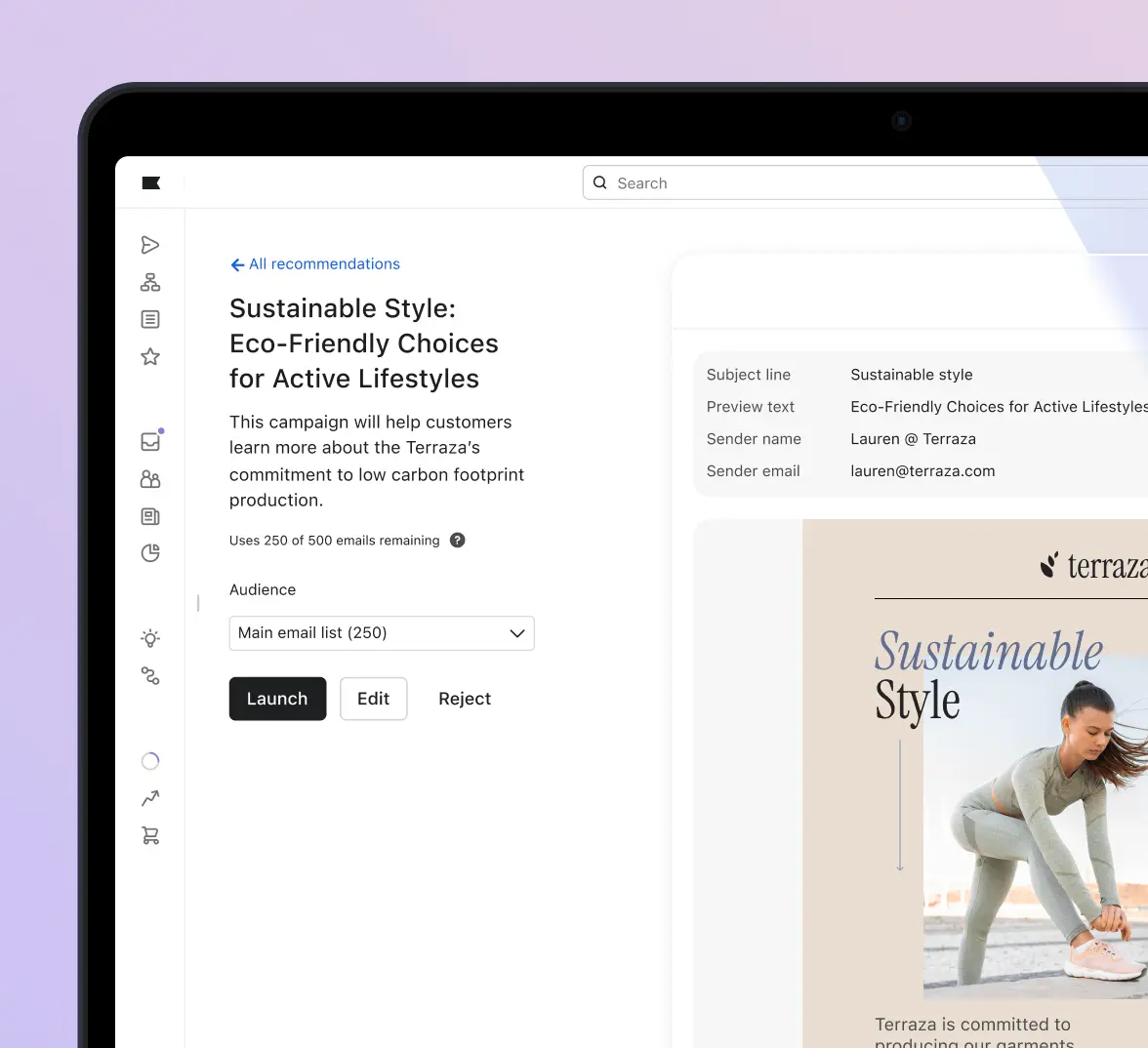 Email marketing platform interface displaying a campaign titled "Sustainable Style: Eco-Friendly Choices for Active Lifestyles" with options to launch, edit, or reject.