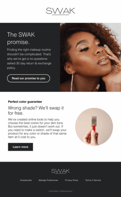 SWAK-Werbung mit Versprechen für unkomplizierte Make-up-Routine und Farbaustauschgarantie. Frau mit Make-up, Text und Call-to-Action-Buttons.