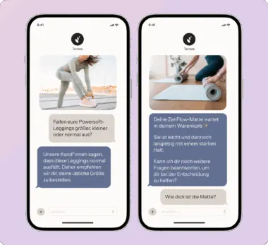 Zwei Smartphone-Bildschirme zeigen Chat-Nachrichten über Powersoft-Leggings und eine ZenFlow-Matte.