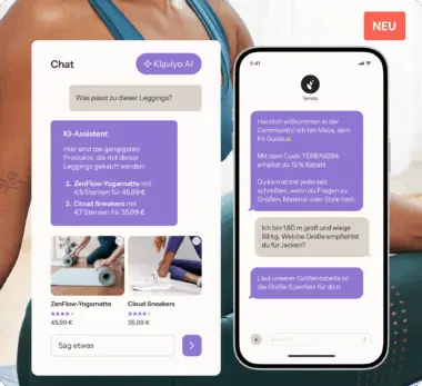 Chat-Oberfläche von Klaviyo AI mit Produktempfehlungen und einer Unterhaltung über die Größe auf einem Smartphone-Bildschirm