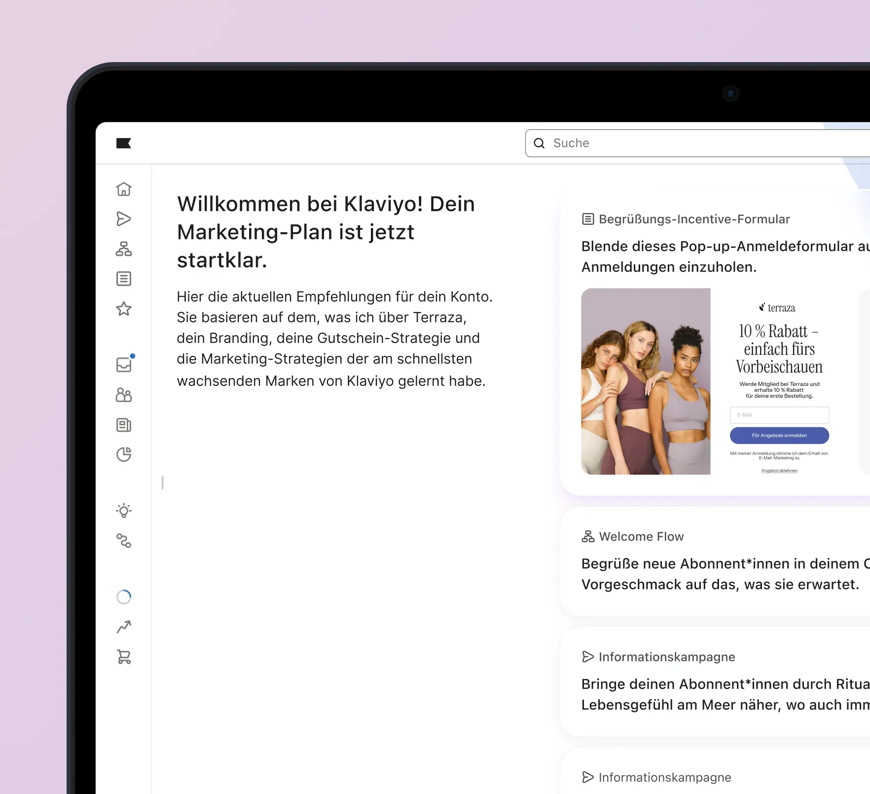 Klaviyo-Benutzeroberfläche mit Begrüßungstext, Marketing-Empfehlungen und einem Pop-up-Anmeldeformular für 10 % Rabatt.