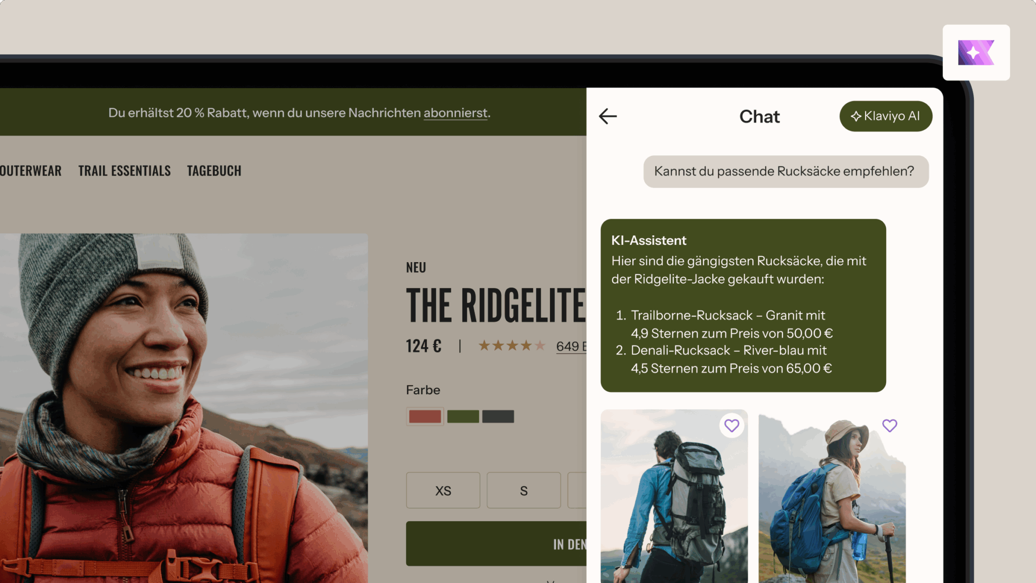 Online-Shopping-Oberfläche, die eine Ridgelite-Jacke und einen KI-Chat zeigt, der passende Rucksäcke empfiehlt.