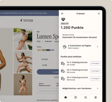 Online-Shop-Seite für "Lumen Sport" mit Prämienprogramm. Links Produktbilder, rechts Prämienpunkte und Gutscheine.