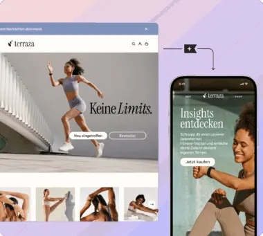 Website und Smartphone-Anzeige für "terraza" mit sportlicher Frau und Texten "Keine Limits" und "Insights entdecken".