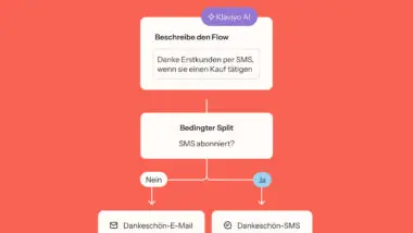 Klaviyo AI-Flussdiagramm zur Personalisierung: Dankesnachricht per SMS bei Kauf, bedingter Split für SMS-Abonnenten.