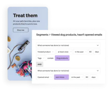 Capturas de dos pantallas que muestran cómo una marca puede usar Klaviyo para llegar a los clientes con el marketing por correo electrónico y SMS