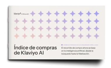 Portada del informe "Índice de compras de Klaviyo AI" con patrones geométricos y texto sobre tendencias de consumidores y IA.