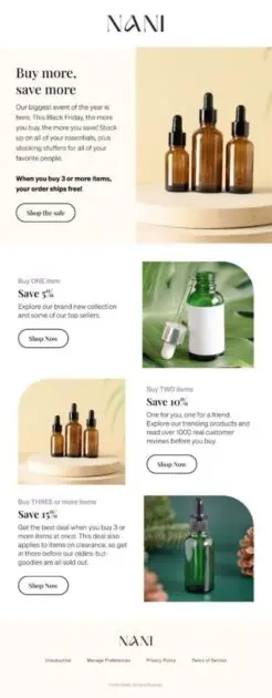Promoción de NANI para Black Friday con ofertas de compra y ahorro en productos. Incluye imágenes de botellas de vidrio y botones para comprar.