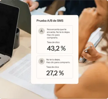 Prueba A/B de SMS con tasas de clics: A 43,2%, B 27,2%. Personas trabajando en una mesa con portátiles y documentos.