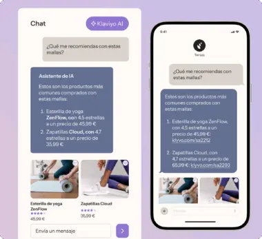 Chat de Klaviyo AI recomendando productos: esterilla de yoga ZenFlow y zapatillas Cloud, con precios y enlaces.
