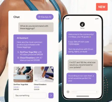 Pantalla de chat de Klaviyo AI mostrando recomendaciones de productos y un mensaje de bienvenida de una guía de tallas llamada Maya.