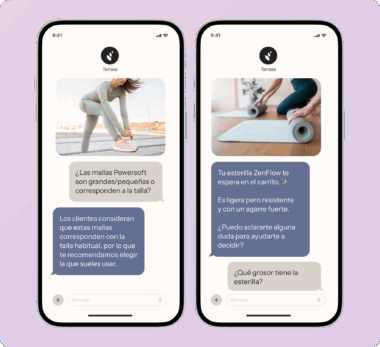 Dos pantallas de smartphone muestran chats de compra. Izquierda: consulta sobre mallas Powersoft. Derecha: información sobre esterilla ZenFlow.