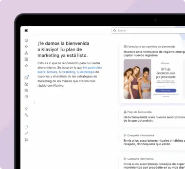 Pantalla de bienvenida de Klaviyo mostrando recomendaciones de marketing y un formulario de registro con descuento del 10%.