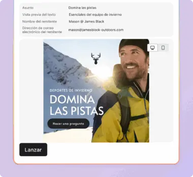 Hombre con chaqueta de invierno en la montaña, texto: "Deportes de invierno, Domina las pistas". Icono de ciervo.