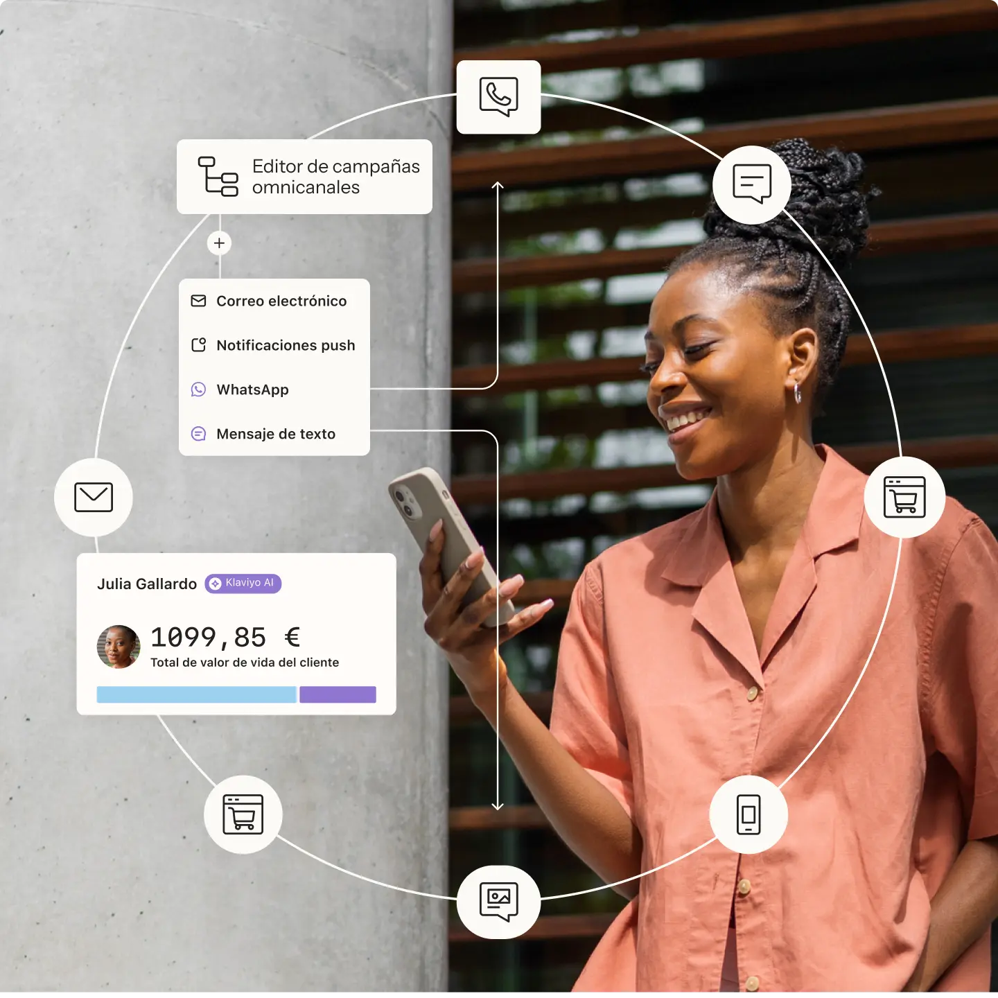 Mujer sonriendo mientras mira su teléfono, rodeada de iconos de comunicación y texto sobre campañas omnicanal y valor del cliente.