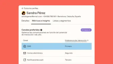 Perfil de usuario de Sandra Pérez mostrando canales de comunicación preferidos: SMS primero, correo electrónico segundo, notificaciones push tercero.