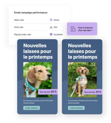 The Klaviyo dashboard displays email campaign performance data above two A/B tested email designs.