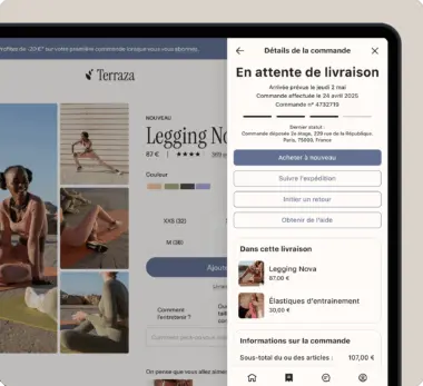 Écran de commande en ligne pour un legging, avec détails de livraison en attente et options de suivi et retour.