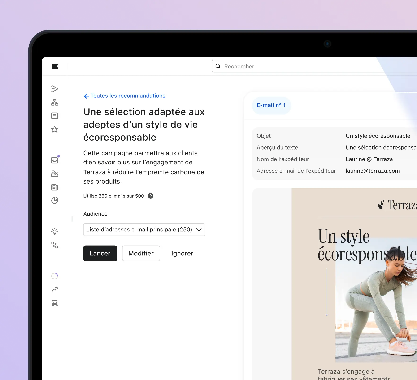 Interface d'une plateforme d'email marketing affichant une campagne sur un style de vie écoresponsable par Terraza.