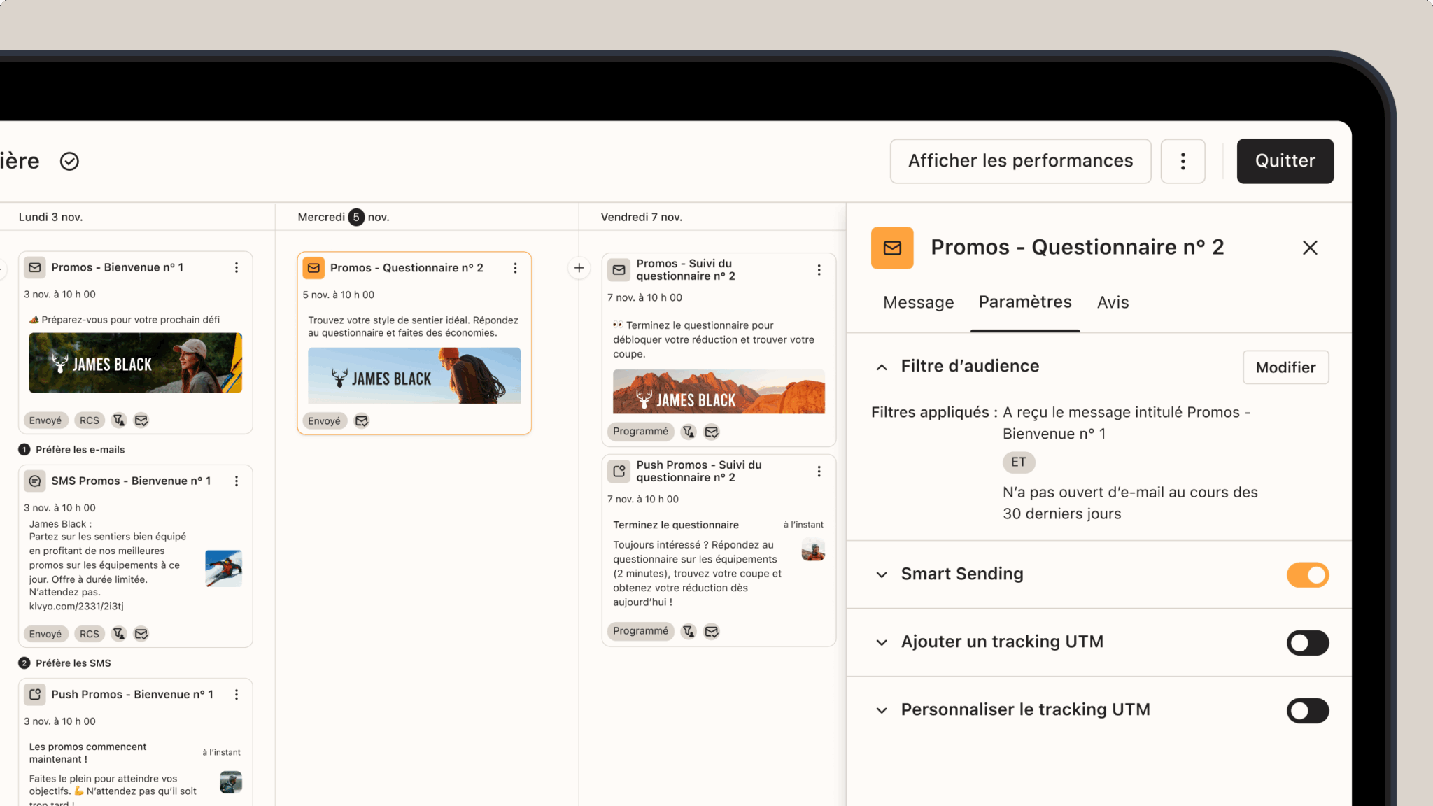 Tableau de bord de marketing par e-mail affichant des messages programmés pour Johan Bougin, avec des paramètres pour les filtres d’audience et les options Smart Sending.