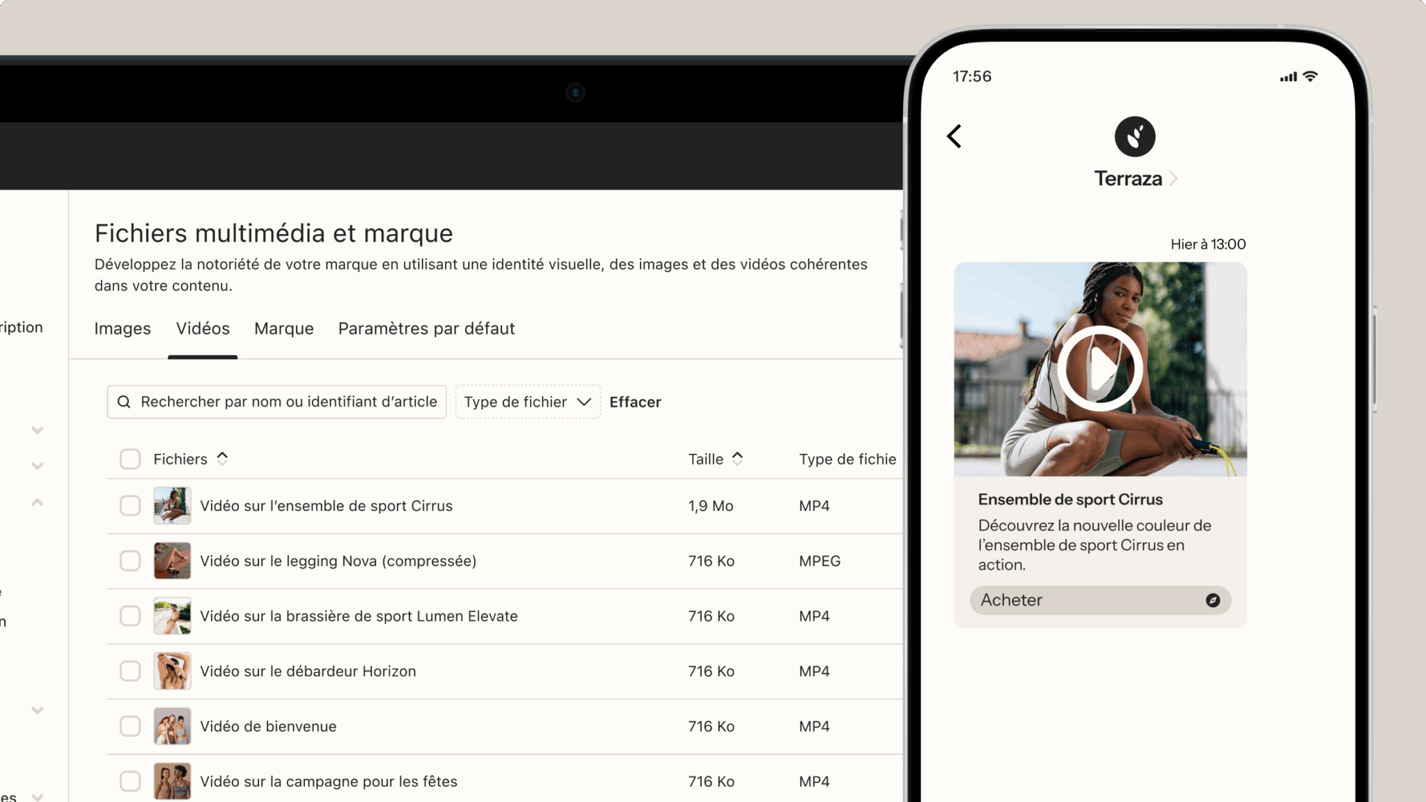Téléphone portable affichant une miniature vidéo d’une femme en tenue de sport, avec le texte « Ensemble de sport Cirrus » et « Acheter maintenant ».