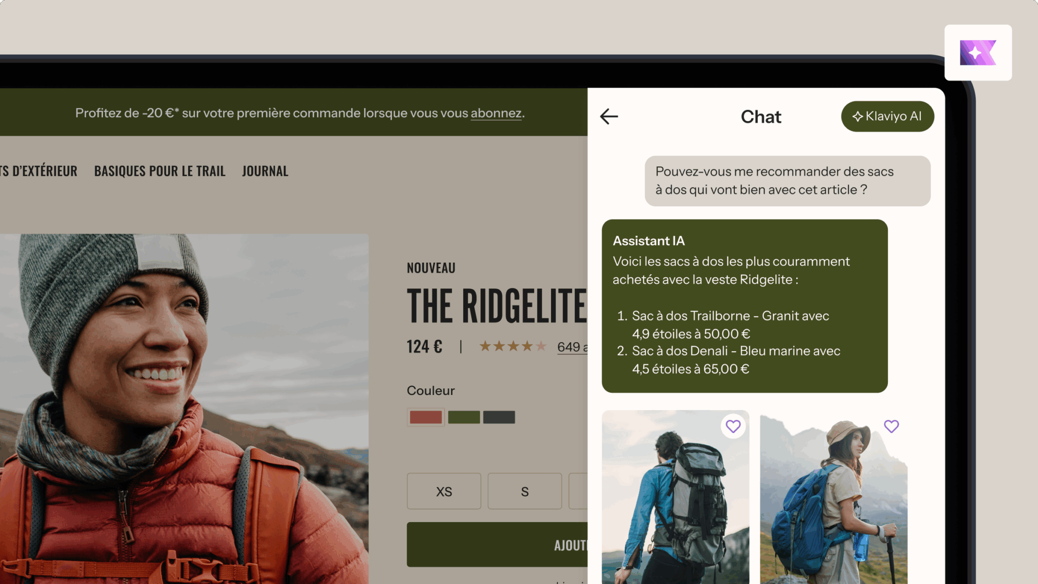 Interface d’achat en ligne montrant une veste Ridgelite avec un chat optimisé par l’IA qui recommande des packs compatibles