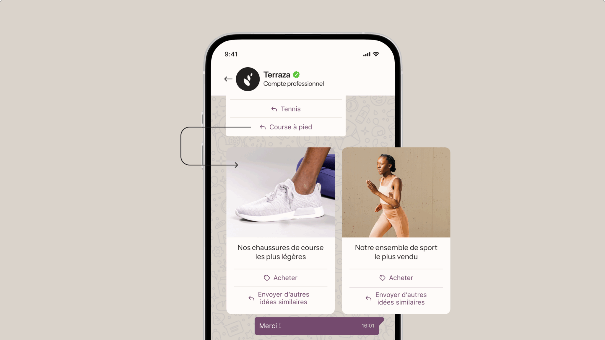 Smartphone affichant un compte WhatsApp Business pour « Terraza » avec des cartes produits pour des chaussures de course et un ensemble de sport