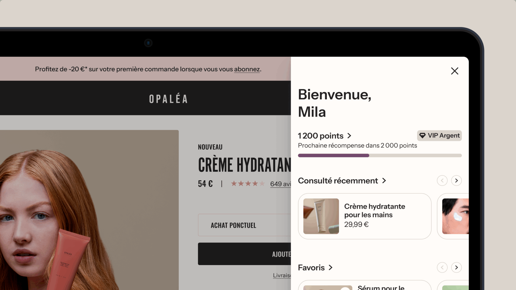 Interface d’achat en ligne pour Opaléa, montrant le tableau de bord d’un programme de fidélisation avec 1 200 points et des recommandations de produits
