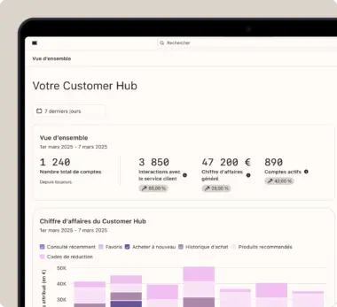 Tableau de bord affichant les données du Customer Hub : nombre total de comptes 1 240, interactions avec le service client 3 850, chiffre d’affaires 47 200 €, comptes actifs 890. Inclut un diagramme à barres du chiffre d’affaires.