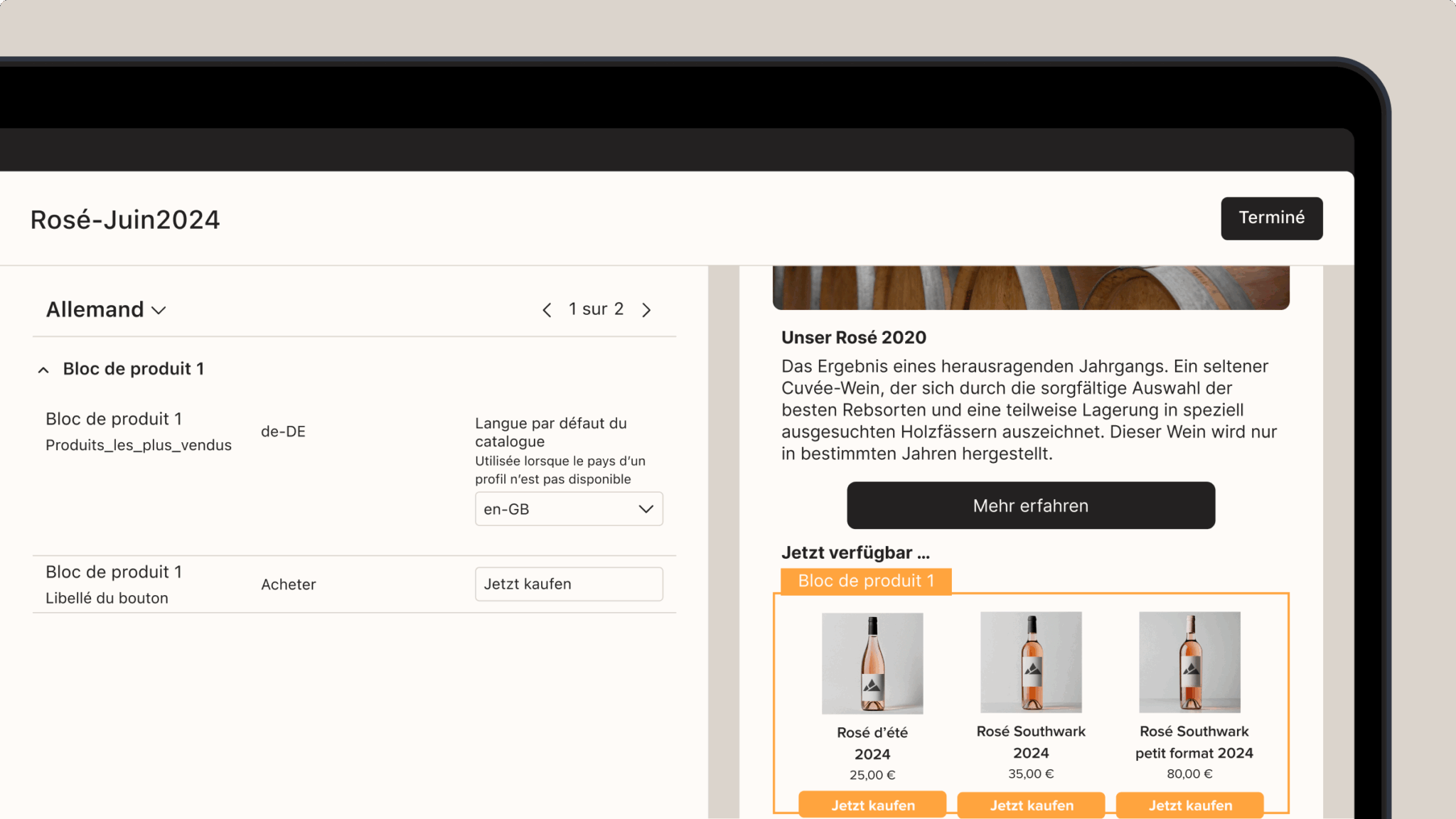 Interface Shopify affichant les détails des produits pour les vins rosés, y compris les prix et les options d’achat en français et en anglais.