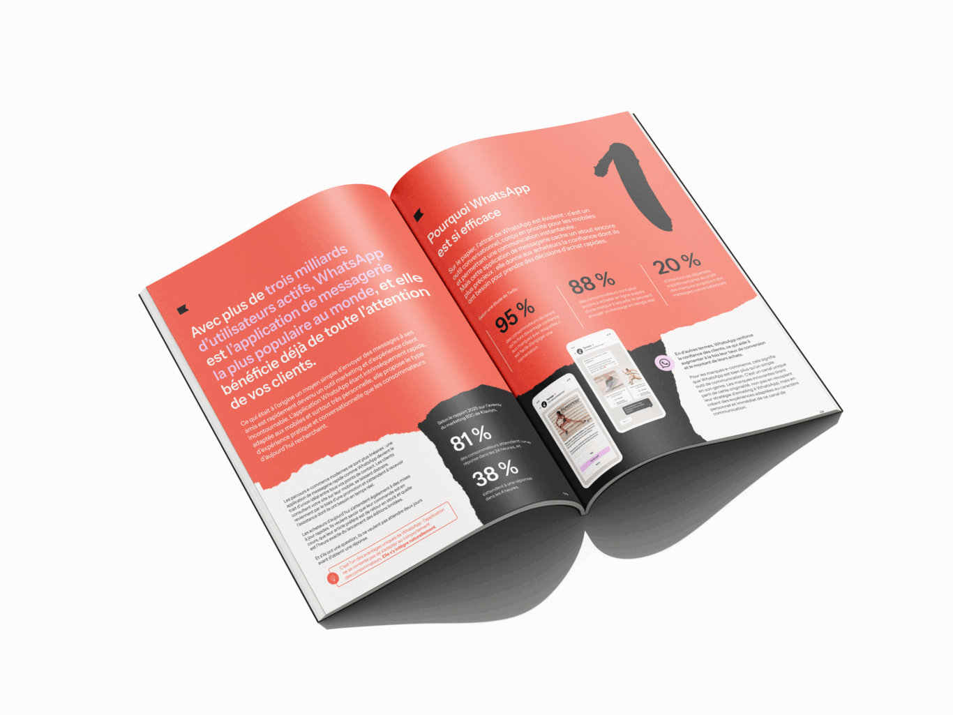 Livret ouvert présentant des statistiques et des informations sur l'efficacité de WhatsApp, avec des illustrations de smartphones.