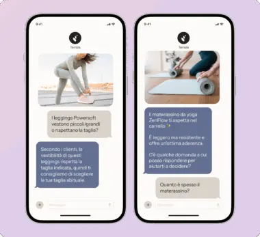 Due smartphone mostrano conversazioni su leggings Powersoft e materassino da yoga ZenFlow.