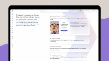 Pannello di controllo di Klaviyo Marketing che mostra un messaggio di benvenuto e strategie, tra cui un modulo d'iscrizione pop-up e campagne informative.