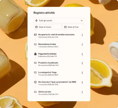 Registro attività su sfondo arancione con limoni e bottiglie. Eventi elencati con date e orari, come email aperta e recensione inviata.