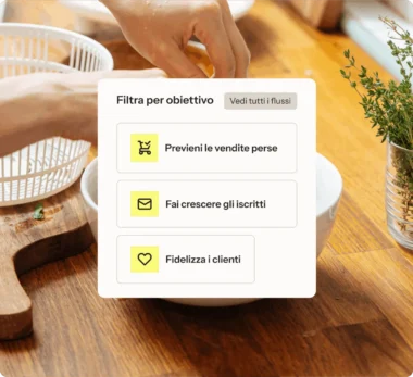 Klaviyo mostra all'utente opzioni che consentono di esplorare i flussi in base all'obiettivo. Gli obiettivi mostrati includono: prevenire la perdita di vendite, coltivare la relazione con gli iscritti e rafforzare la fedeltà dei clienti.