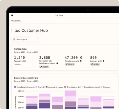 Pannello di controllo che mostra i dati del Customer Hub: 1.240 account totali, 3.850 interazioni con l'assistenza, 47.200 € di entrate e 890 account attivi. È presente anche un grafico a barre delle entrate.