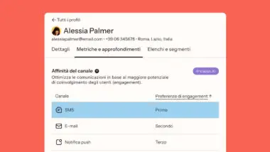 Profilo utente di Alessia Palmer con preferenze di comunicazione: SMS, e-mail, notifica push. Priorità: SMS, e-mail, push.