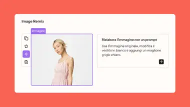 Interfaccia di modifica immagine con una donna in abito rosa e istruzioni per cambiare il vestito in bianco e aggiungere un maglione grigio.