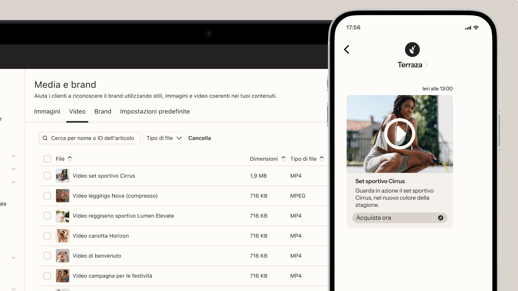 Schermata di un'interfaccia utente con un elenco di video sulla sinistra e un'anteprima di un video su un dispositivo mobile a destra.