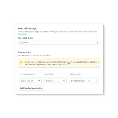 Klaviyo screen showing Lead Ad settings for Facebook.